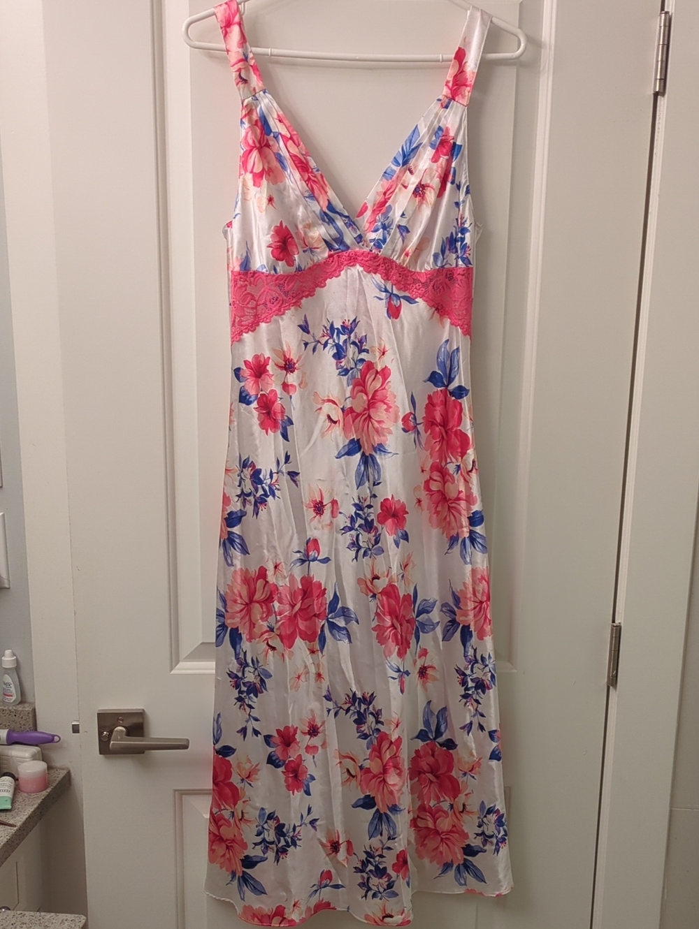 Floral Satin Dress with Pink Lace Trim